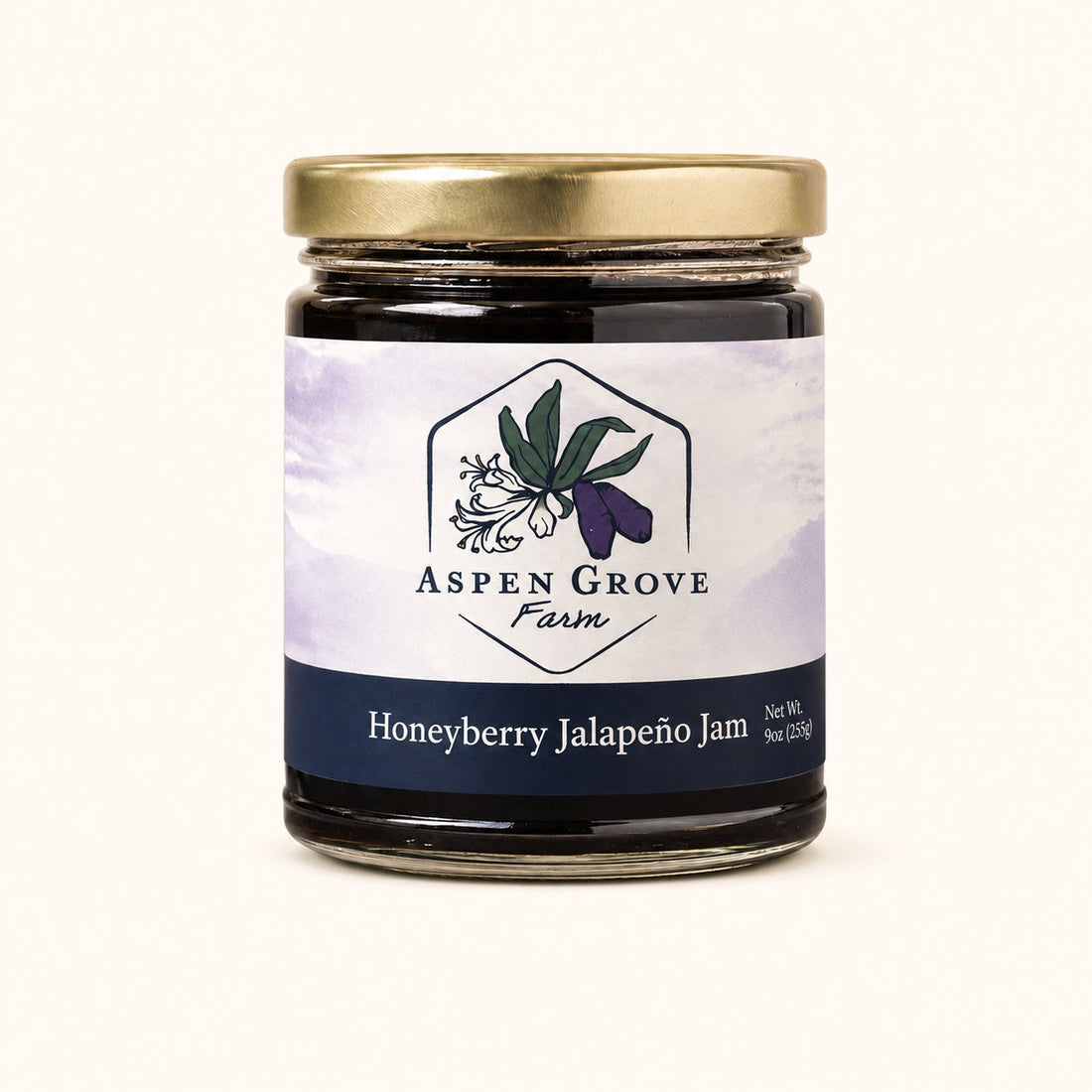 Aspen Grove Farm Honeyberry Jalapeno Jam — studio product photograph
