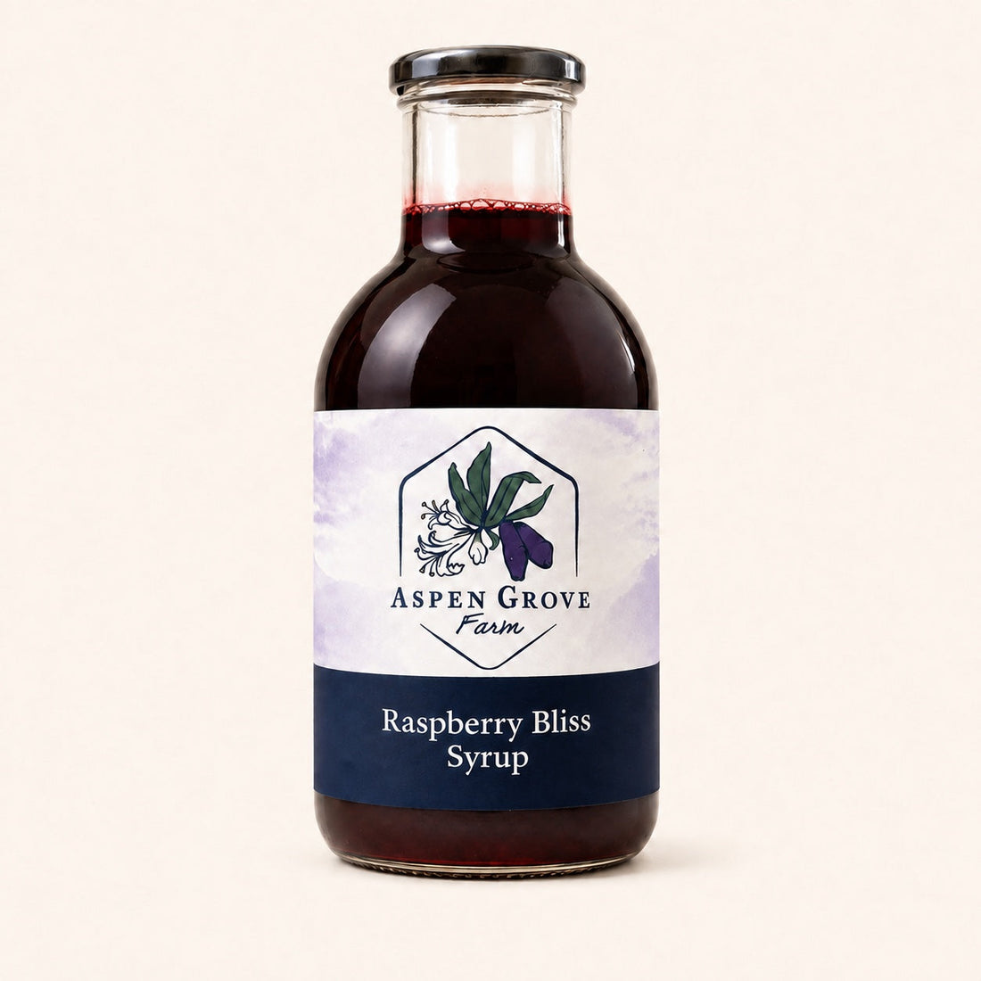 Raspberry Bliss Syrup by Aspen Grove Farm — studio product photograph
