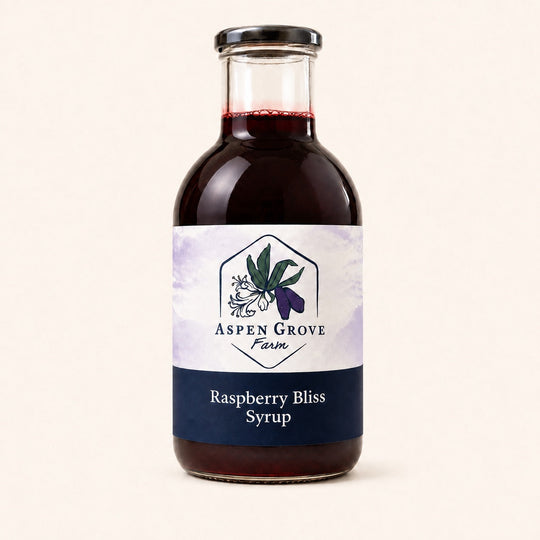 Raspberry Bliss Syrup by Aspen Grove Farm — studio product photograph