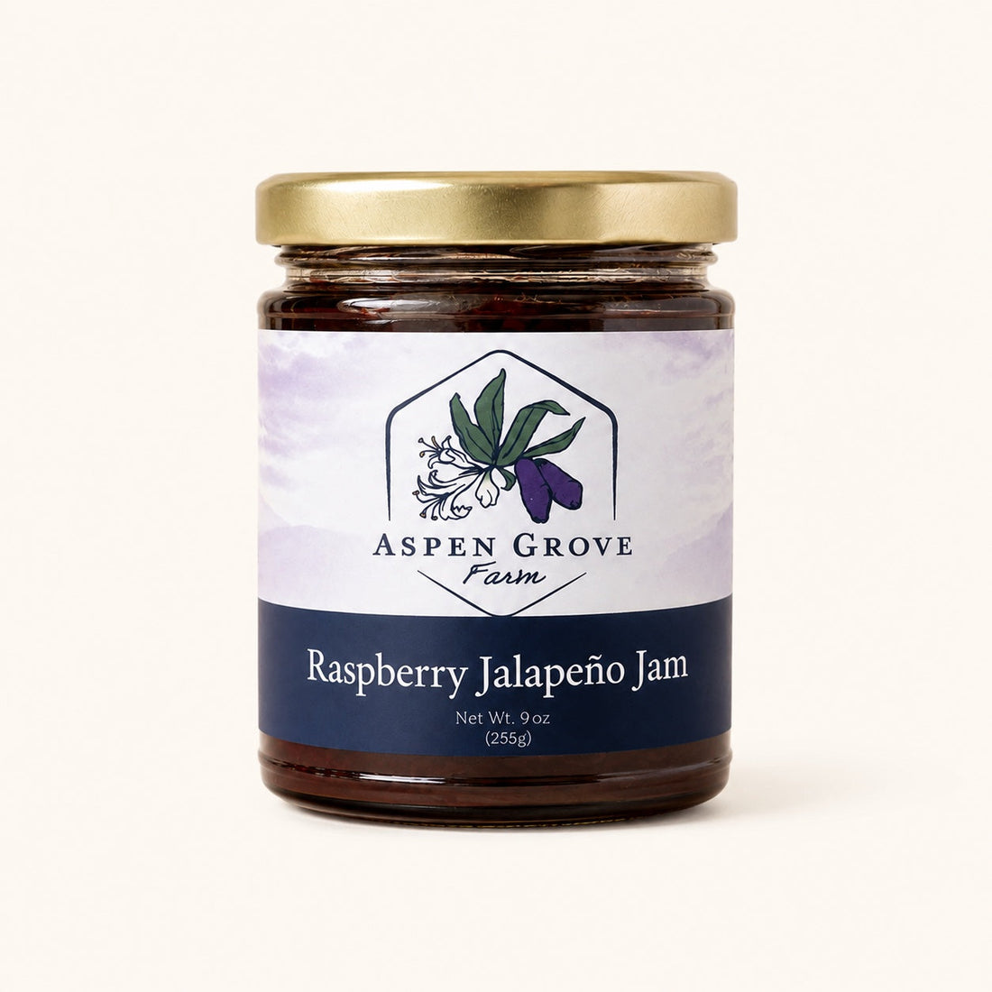 Raspberry Jalapeno Jam by Aspen Grove Farm — studio product photograph