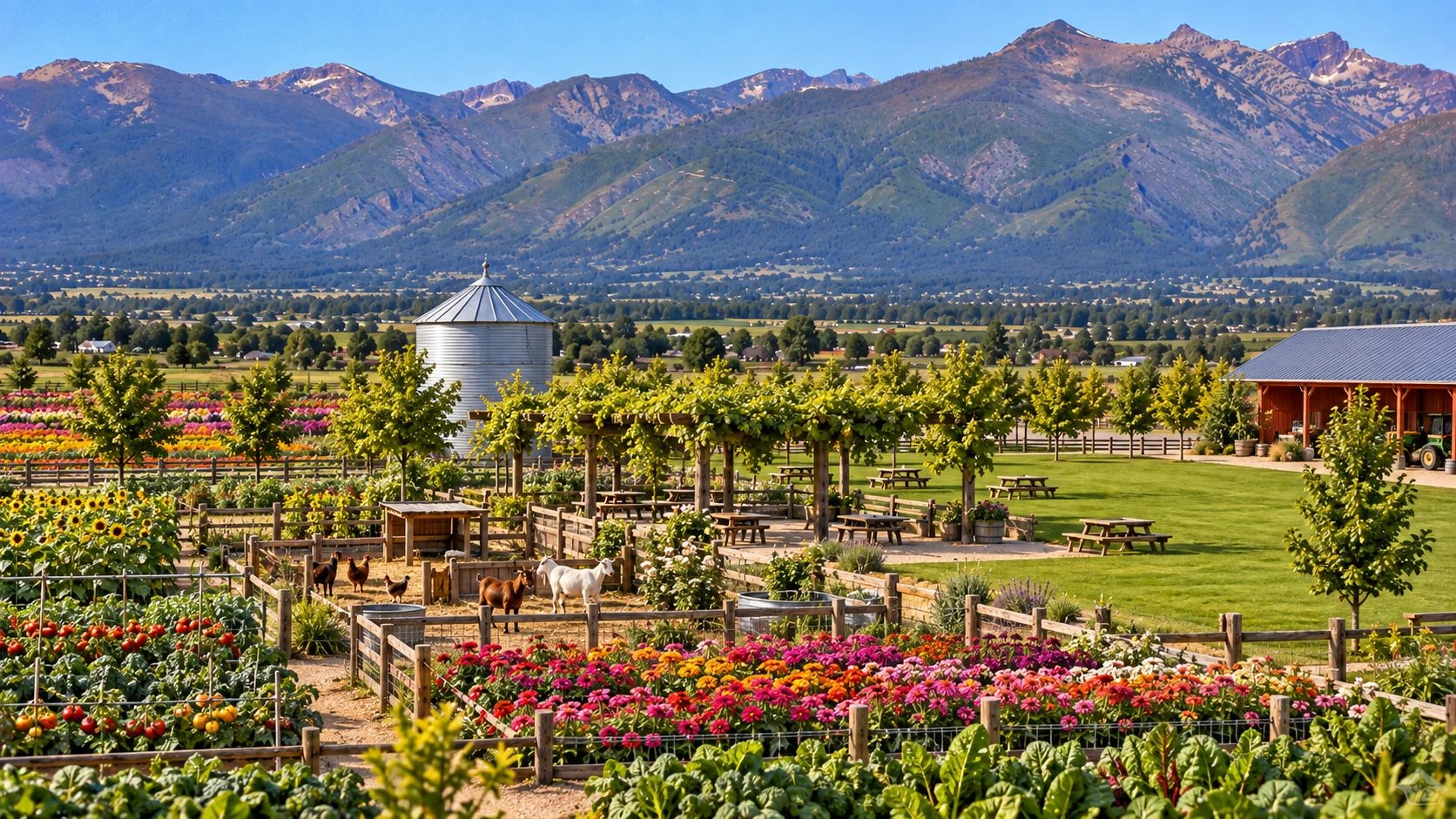 U-Pick veggies and cut flowers, the family farmyard with its animals, and the gathering lawn beyond.