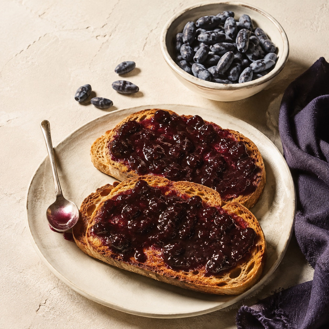 Honeyberry jam on golden sourdough toast, with a bowl of oblong honeyberries and indigo linen